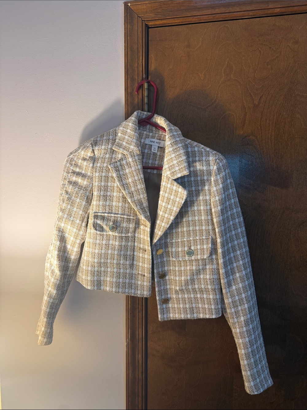 Nine West Cream and Beige Plaid Cropped Blazer